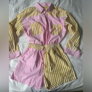 Pink and yellow button down and short set